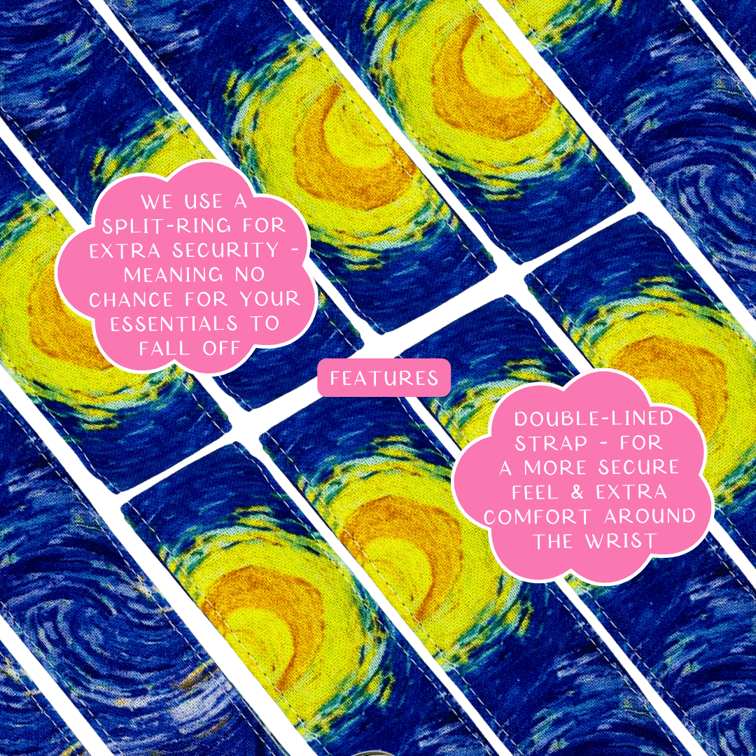 Van gogh starry night keychain wristlets, with information bubbles.
