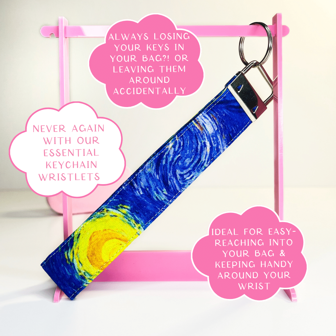 Van gogh starry night keychain wristlets, with information bubbles.