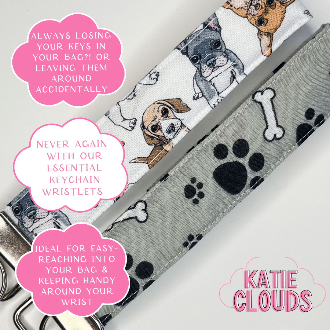 Dog keychain wristlets, with information bubbles. 