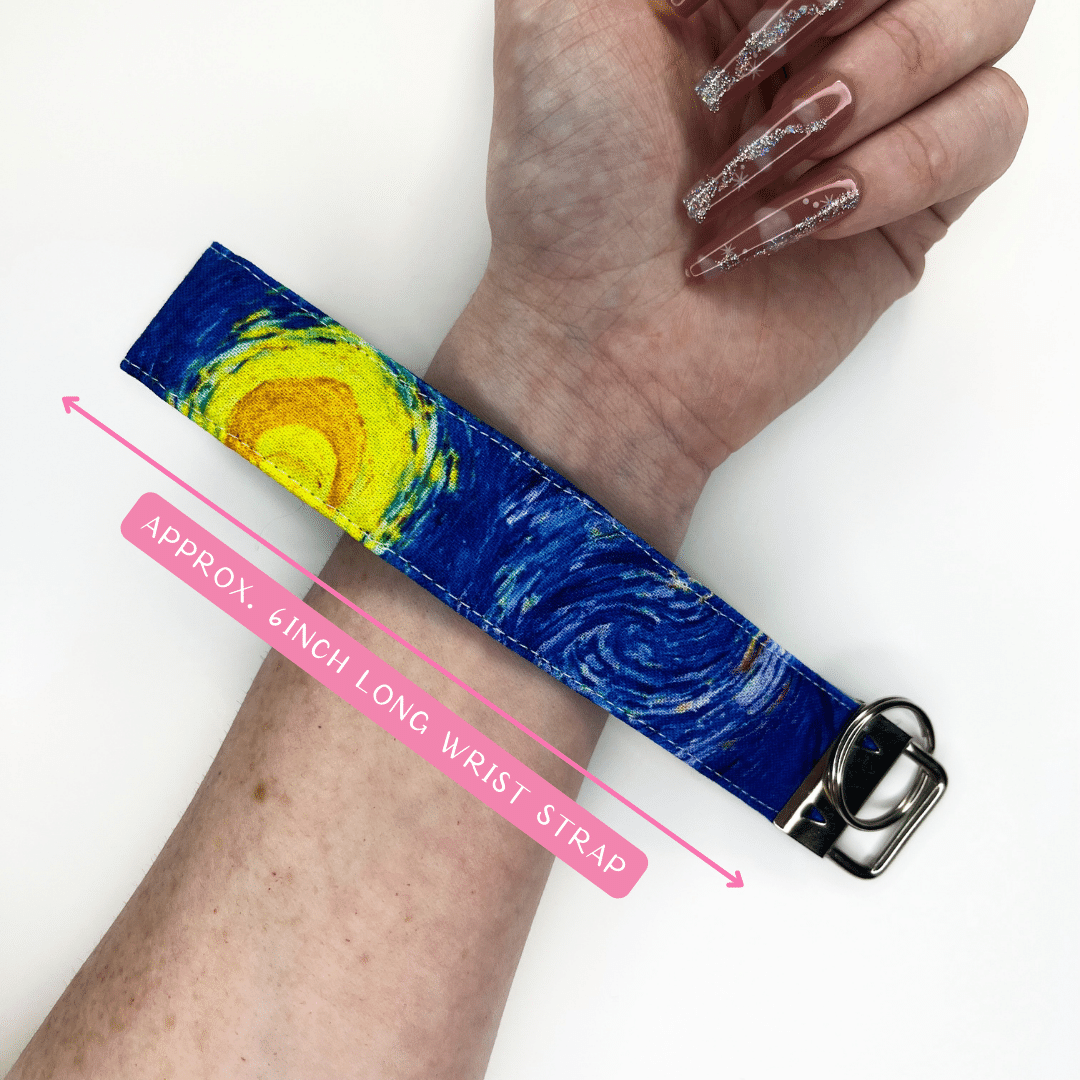 Van gogh starry night keychain wristlets, with sizing information.