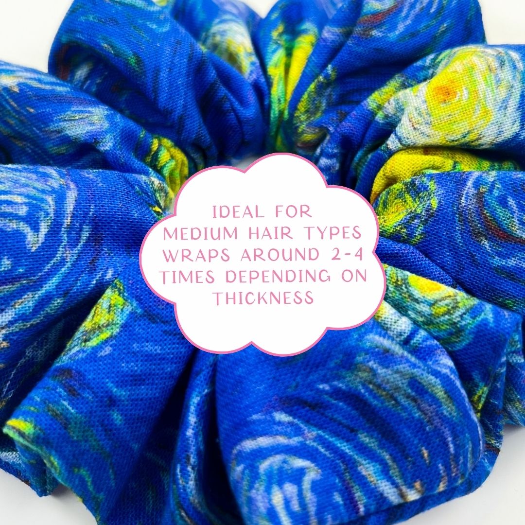 Starry night scrunchie, with sizing information.